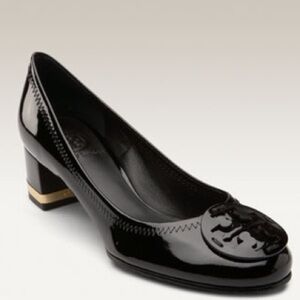 Tory Burch Black Patent Leather Mid Block Heel Pumps with Gold Trim